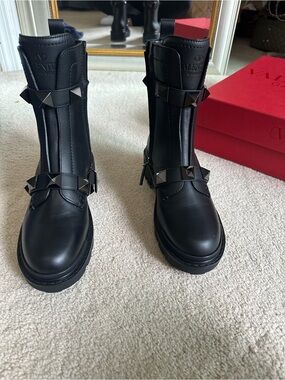 Valentino Black Leather Rockstud Strap Combat Boots
